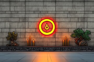 Poster - A pixel art depiction of the Aum symbol glowing softly against an 8-bit temple backdrop, with animated candles and a serene ambiance