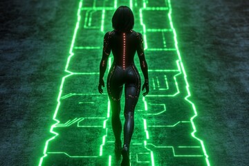 Poster - A pixel art digital world with glowing grids, animated circuits, and a retro character navigating the environment