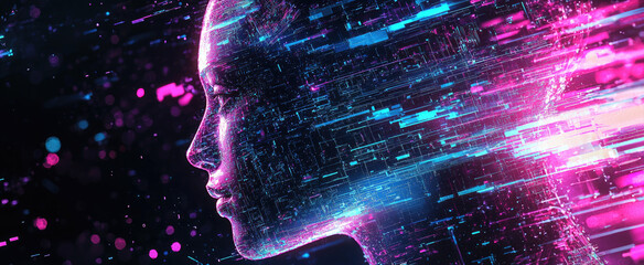 Wall Mural - futuristic neon profile of a woman amidst digital data streams in vibrant colors