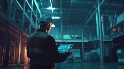Poster - A modern warehouse with a worker in a hard hat digitally managing inventory on a sleek tablet.