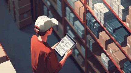 Poster - A warehouse worker reviewing inventory on a tablet, surrounded by organized shelves and boxes.