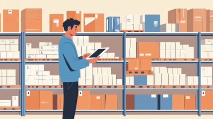 Poster - A warehouse worker reviewing inventory on a tablet, surrounded by organized shelves and boxes.