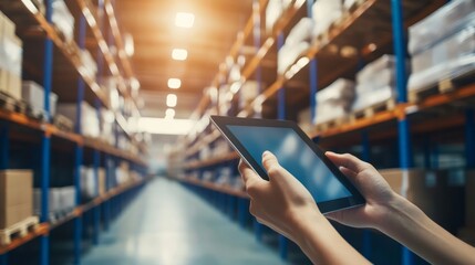 Poster - Bright warehouse interior with a tablet-wielding worker monitoring stock levels among neatly packed shelves.