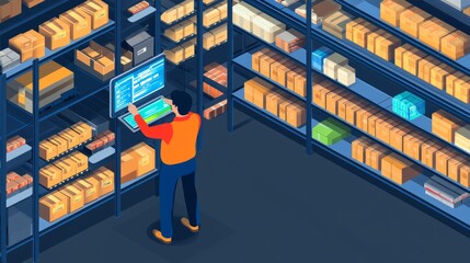 Poster - Efficient warehouse environment with a worker managing inventory digitally among shelves of packed goods