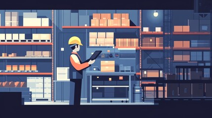 Poster - Organized warehouse environment with a worker in a hard hat holding a tablet, scanning items on shelves