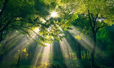 Wall Mural - sunlight streams through trees in a serene forest.