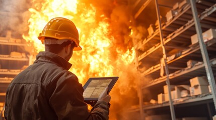 Poster - Warehouse employee in a hard hat holding a tablet and conducting inventory checks near labeled shelves