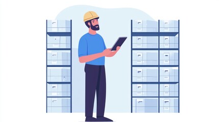 Poster - Warehouse employee in a hard hat holding a tablet and conducting inventory checks near labeled shelves