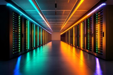 Aufkleber - A server room with glowing blue and green lights emanating from rows of sleek data storage racks