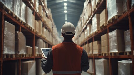 Poster - Worker in a warehouse aisle using a tablet for inventory management with neatly stacked boxes in the background.