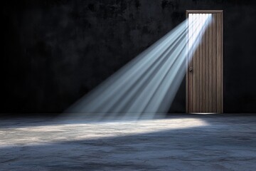 Poster - A simple depiction of a slightly open door, showing only light rays emerging through the gap