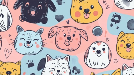 Leinwandbilder - A colorful doodle pattern showcases various happy dog faces against a pastel background, creating a fun and playful vibe for text placement. Generative AI