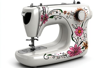 Poster - A sleek modern sewing machine isolated on a clean white background, showcasing its compact design and advanced features for professional stitching