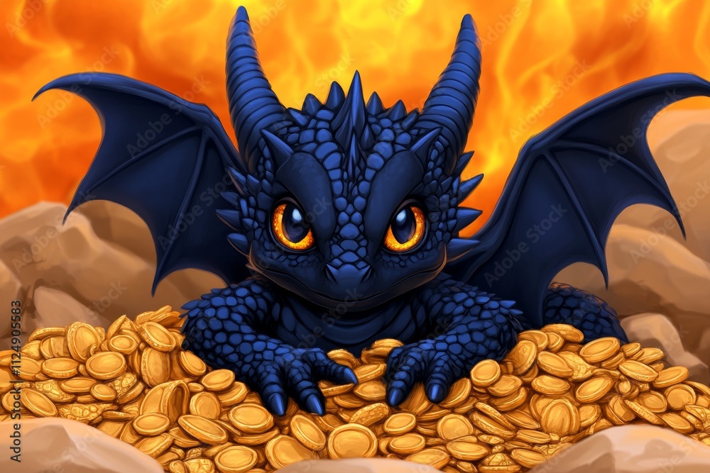 A dark, menacing dragon guarding a treasure-filled cave, with piles of ...