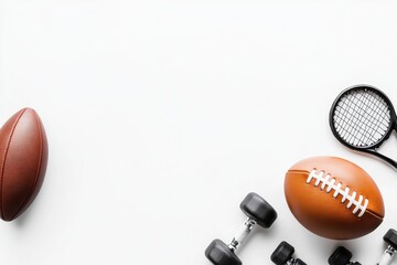 Aufkleber - Various sports equipment like a football, tennis racket, and dumbbell are neatly arranged on a blank background, providing space for additional text. Generative AI