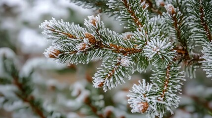Poster - Frosted pine branches create a tranquil winter atmosphere, where delicate snowflakes rest gently upon vibrant green needles amidst a peaceful, snowy backdrop