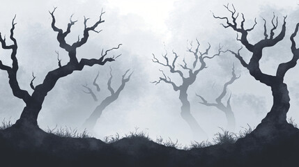 Wall Mural - Creepy silhouettes of trees against a foggy backdrop, ominous and eerie.