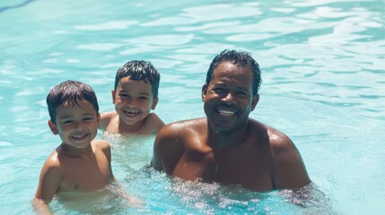 Happy father enjoying a swim with two young boys in a sunny pool