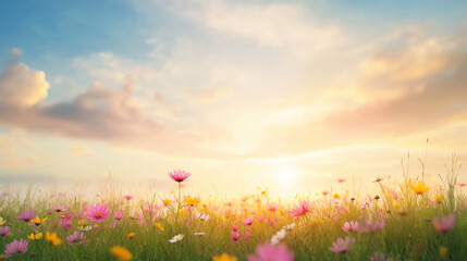 Wall Mural - Dramatic cloudscape over a vibrant field of wildflowers illuminated by the setting sun in a picturesque landscape
