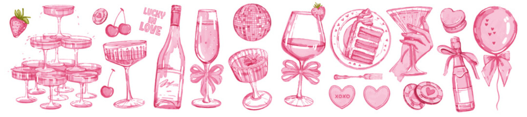 champagne bachelorette party set, vector watercolor wedding coquettish alcohol beverage, wineglass. 