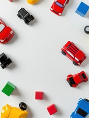 Aufkleber - Brightly colored toy cars, blocks, and dolls are arranged in a flat lay on a white background, offering plenty of empty space for creativity. Generative AI