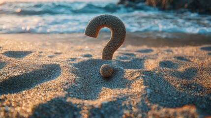 Poster - On a serene beach at sunset, a question mark made of sand captures curiosity. The gentle waves lap at the shore, while soft shadows play in the golden sand, creating a contemplative atmosphere