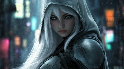 Wall Mural - An Asian female assassin with white hair flowing beneath her hood, graceful but deadly, background vertical wallpaper AI generated image