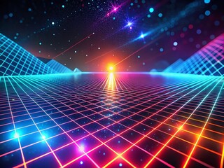 Poster - Captivating Night Photography of a Simple 3D Double Glowing Grid Animation with Vibrant Colors and Dynamic Patterns for Creative Visuals