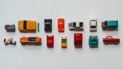 Aufkleber - Brightly colored children's toys like cars, blocks, and dolls arranged in a flat lay on a white surface, providing space for additional text. Generative AI