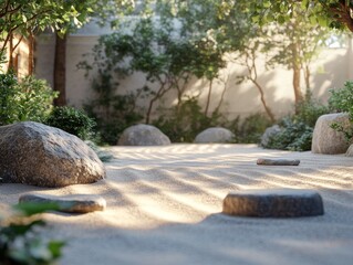 Wall Mural - Serene zen garden; rocks, sand, sunlight.