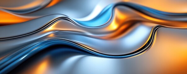 Poster - Abstract Metallic Waves with Blue and Orange Hues