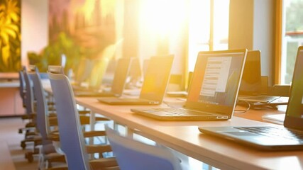 Poster - Rows of open laptops in a brightly lit computer lab, sunlight streaming through the windows. The lab is equipped with modern technology, ready for students or employees to start working