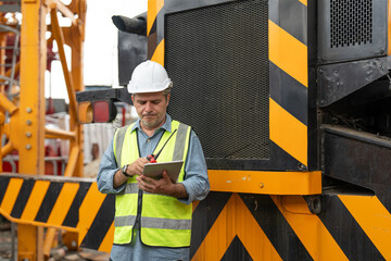 Wall Mural - Construction site supervisor or project manager wearing a white hard hat and safety vest using walkie-talkie while holding a laptop and standing near red tower crane equipment.