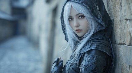 Wall Mural - An Asian assassin woman with flowing white hair wearing a hood leans against a stone wall in an ancient city background wallpaper AI generated image