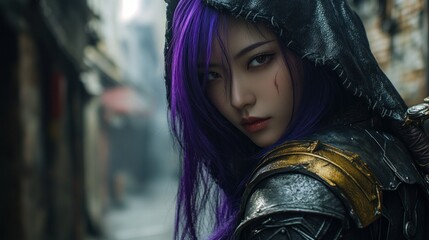 Wall Mural - An alluring Asian assassin warrior woman with purple hair and a hood, standing in the alley background wallpaper AI generated image