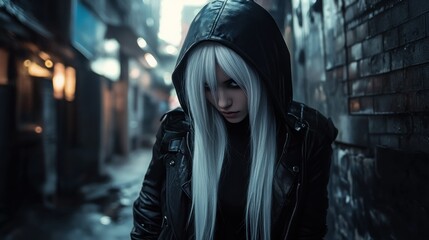 Wall Mural - An Asian female assassin with white hair flowing beneath her hood, graceful but deadly, background vertical wallpaper AI generated image