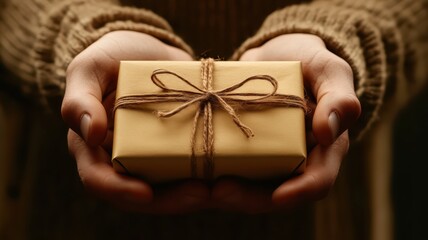 Wall Mural - Man's hands wearing beige brown warm sweater holding a cozy tender beige natural kraft paper gift box