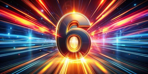 Poster - Captivating Portrait of Number 6 Surrounded by an Animated Light Speed Background Featuring a Glowing Aesthetic, Perfect for Futuristic Themes and Digital Art Projects