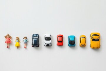 Aufkleber - A flat lay features vibrant toy cars and dolls arranged on a white surface, leaving ample space for custom text or designs. Generative AI