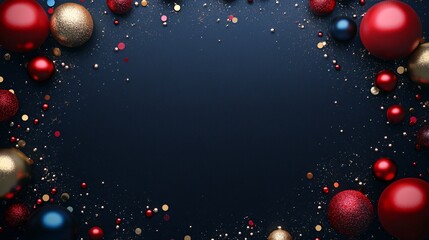 Aufkleber - Christmas ornaments and confetti creating festive border on dark blue background