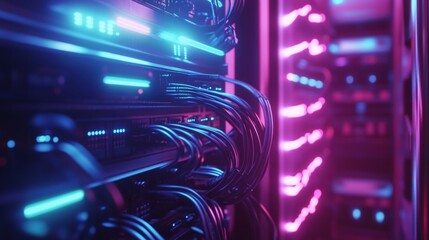 Poster - Data center technology server room digital infrastructure neon lighting close-up view cybersecurity and innovation
