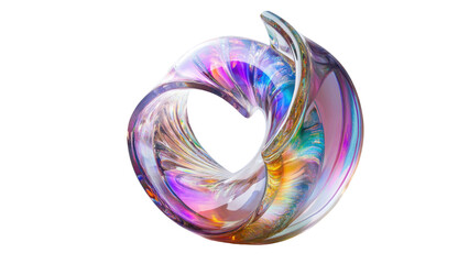 Poster - A translucent glass sculpture with spiral design, soft edges, and internal textures casting rainbow reflections, isolated on a transparent background with soft ambient lighting