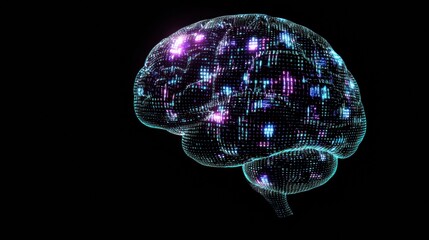 Leinwandbilder - A digital brain made of glowing blue and purple grids and binary code, designed for futuristic themes and concepts, with ample space for text. Generative AI