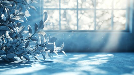 Poster - A tranquil setting filled with soft blue hues, where gentle rays of sunlight dance through a window, casting ethereal patterns on the surface below, accentuated by delicate leaves nearby