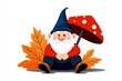 © Sanchai - A flat vector of a gnome sitting under a mushroom umbrella, with exaggerated features and a clean white canvas