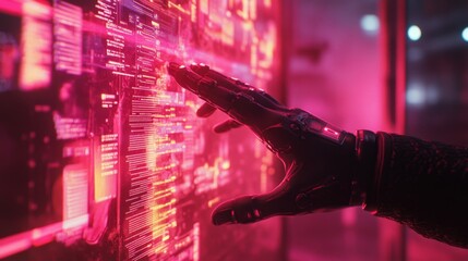 Fototapete - Futuristic technology interaction urban setting digital art neon environment close-up viewpoint cybernetic exploration