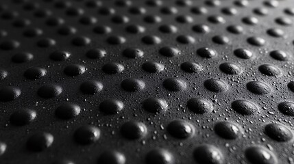Poster - Water droplets resting on textured black surface creating repeating pattern