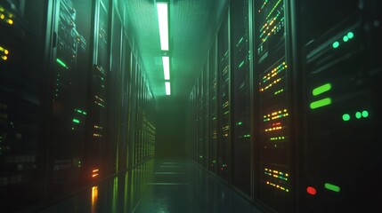 Poster - Data center operations high-tech server room modern facility digital infrastructure low light technological innovation
