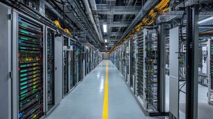 Poster - Data center operations modern facility technology infrastructure high-tech environment wide-angle view efficiency and connectivity