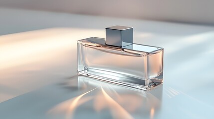 Poster - A sleek rectangular perfume bottle with metallic edges, reflecting soft light on a smooth white background.